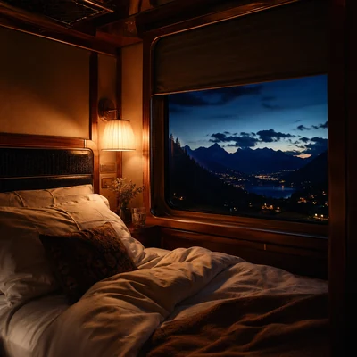 Fenster eines Schlafwagenabteils mit dunkelblauer europäischer Nacht draußen