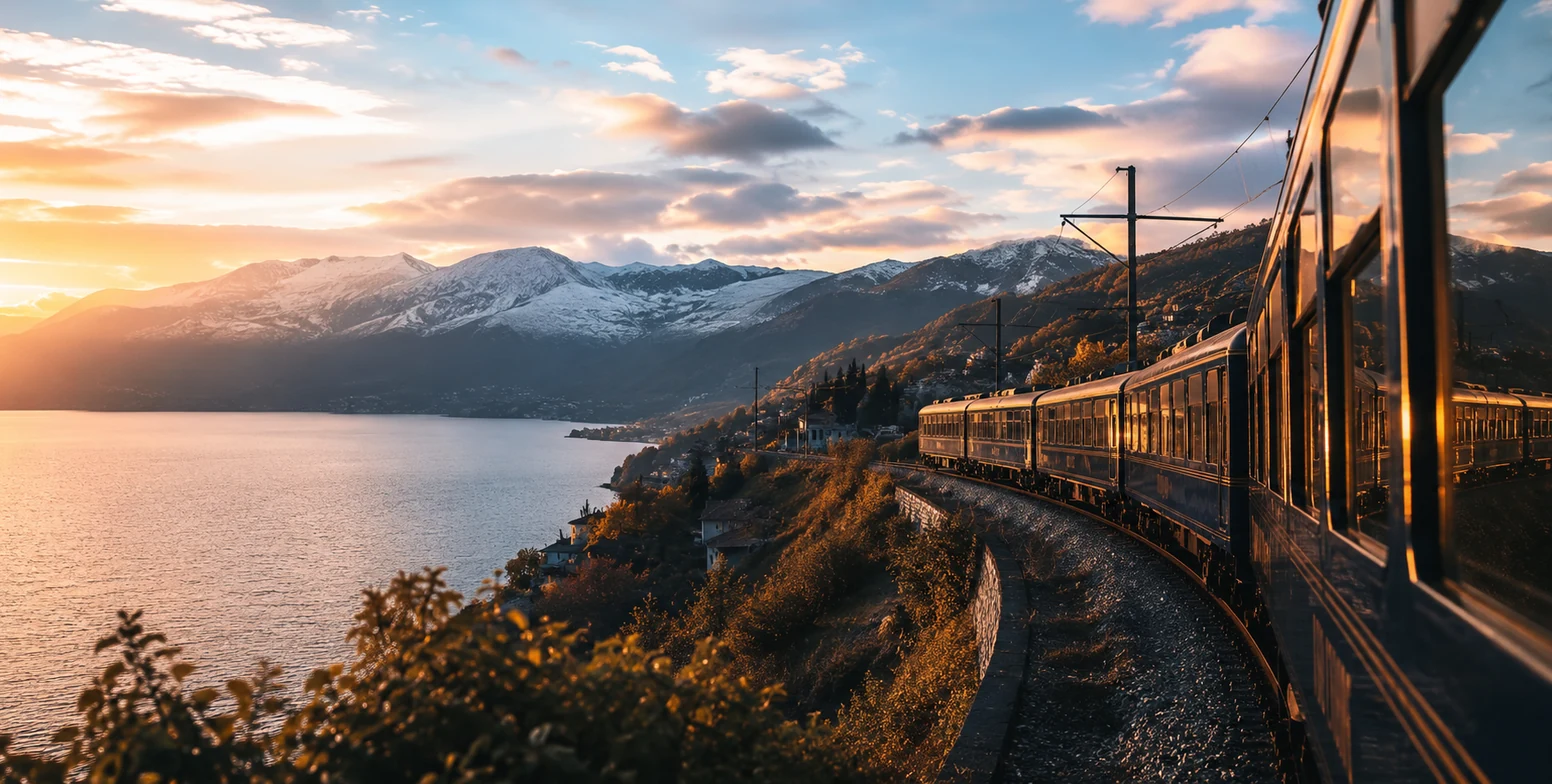 Panoramische europäische Bahnstrecke mit kupferfarbenem Abendlicht und elektrisch blauem Horizont